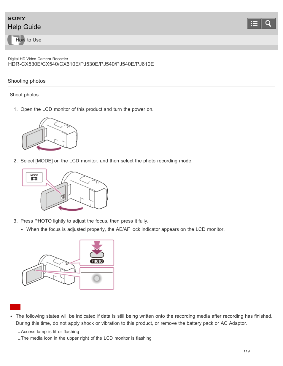Shooting photos, Shoot photos, Help guide | Sony HDR-PJ540 User Manual | Page 130 / 394