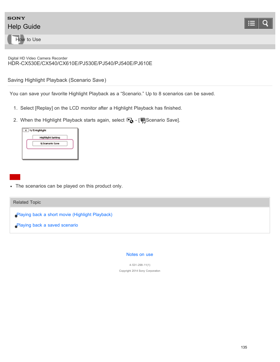 Saving highlight playback, Saving highlight playback (scenario save), Help guide | Sony HDR-PJ540 User Manual | Page 146 / 394