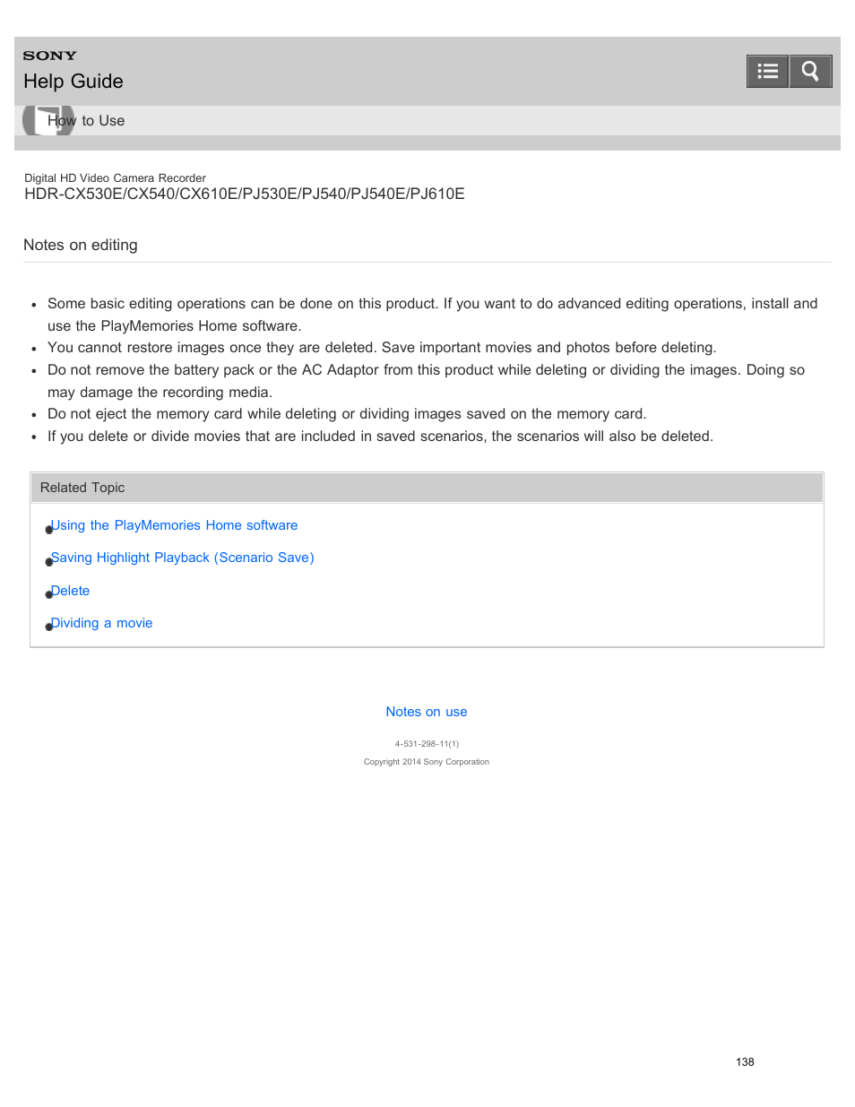 Notes on editing, Read the precautions regarding editing images, Help guide | Sony HDR-PJ540 User Manual | Page 149 / 394