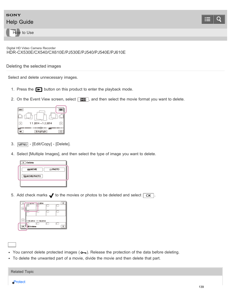 Deleting the selected images, Select and delete unnecessary images, Help guide | Sony HDR-PJ540 User Manual | Page 150 / 394