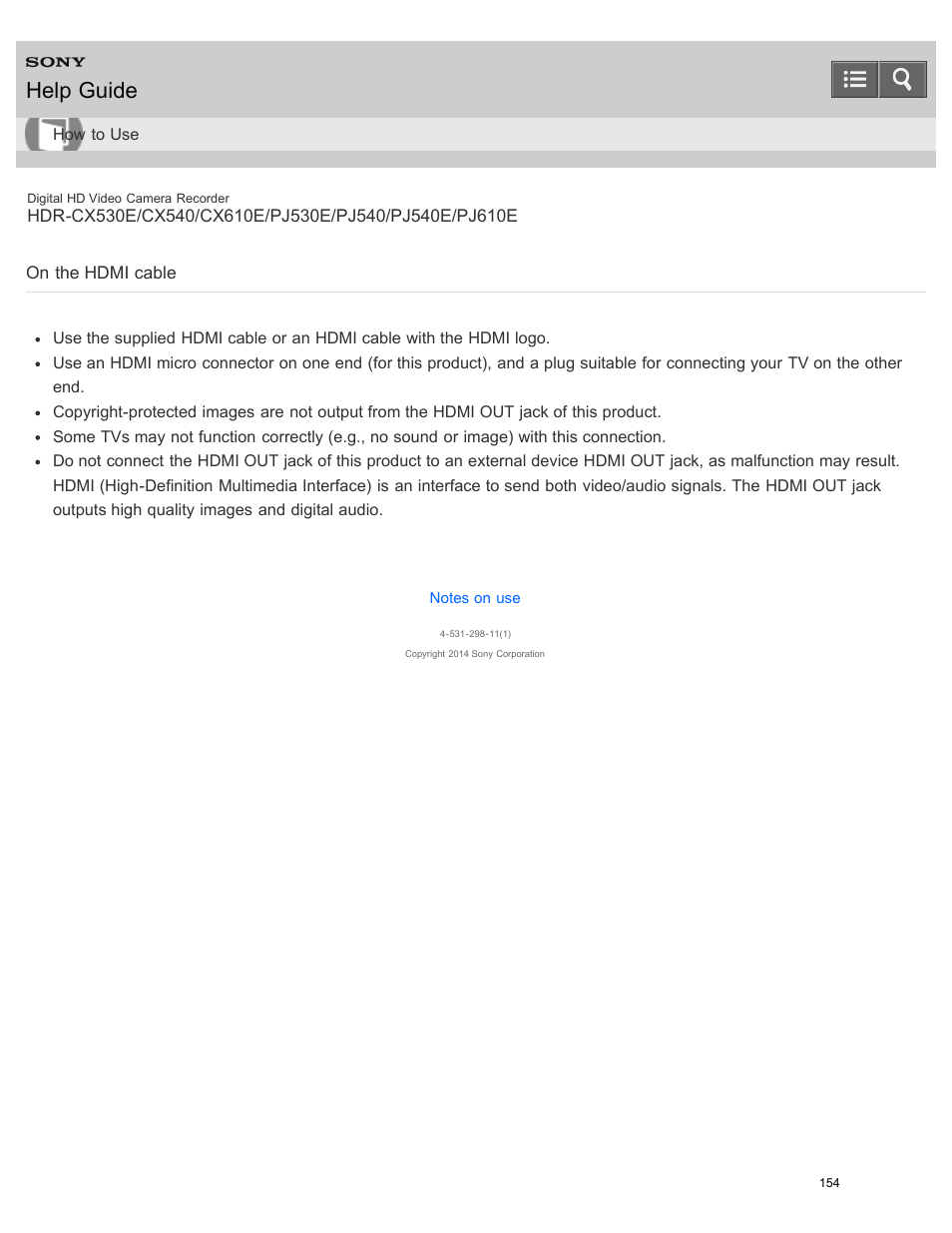 On the hdmi cable, Read the precautions regarding the hdmi cable, Help guide | Sony HDR-PJ540 User Manual | Page 165 / 394