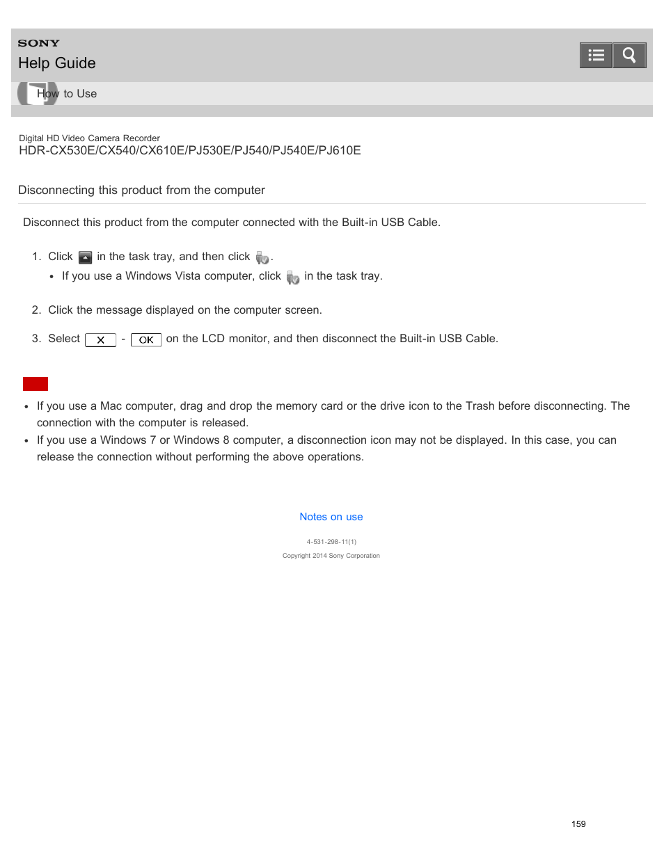 Disconnecting this product from the computer, Help guide | Sony HDR-PJ540 User Manual | Page 170 / 394