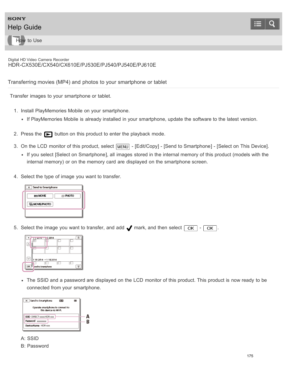 Transfer images to your smartphone or tablet, Help guide | Sony HDR-PJ540 User Manual | Page 186 / 394