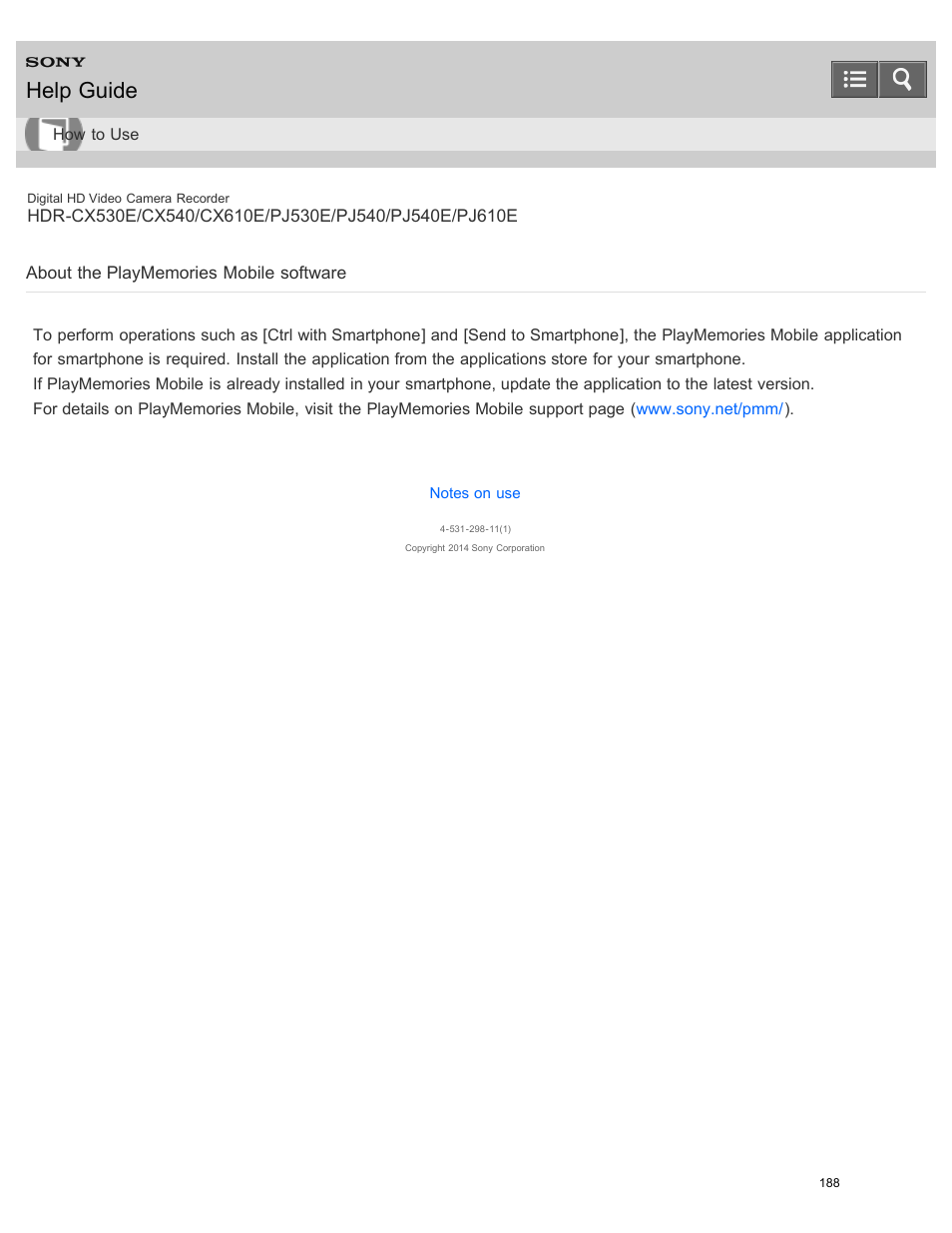 About the playmemories mobile software, Help guide | Sony HDR-PJ540 User Manual | Page 199 / 394