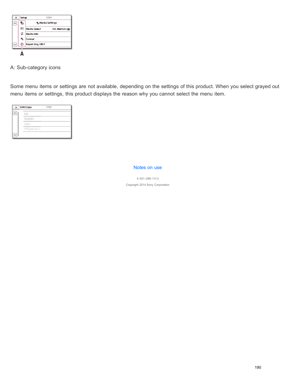 When you cannot select a menu item | Sony HDR-PJ540 User Manual | Page 201 / 394
