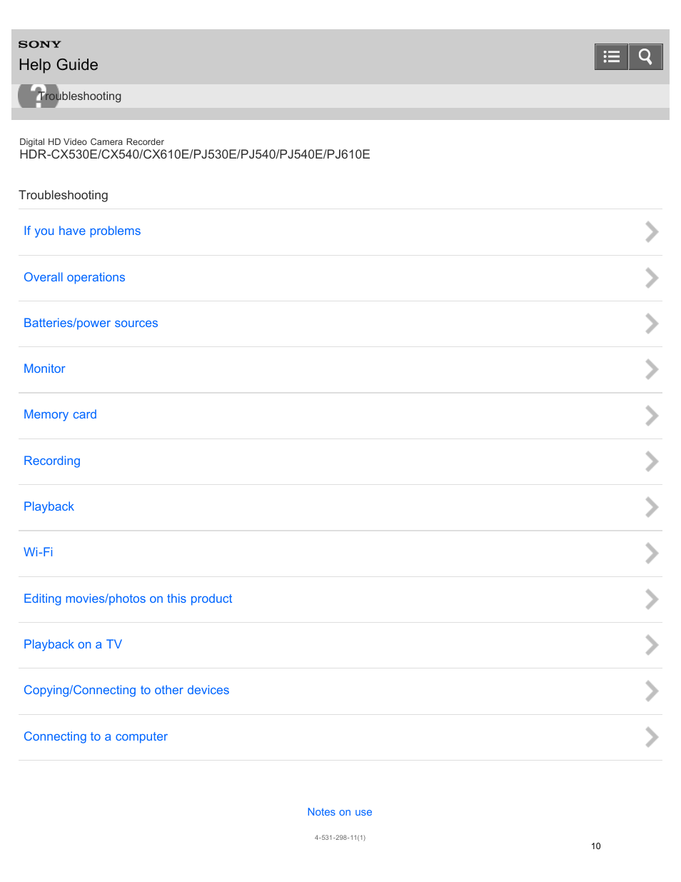 Troubleshooting, Help guide | Sony HDR-PJ540 User Manual | Page 21 / 394