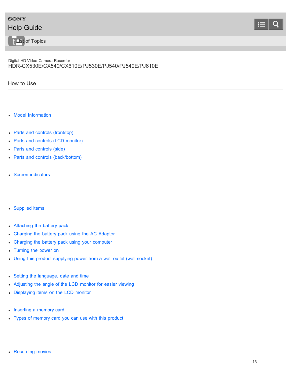 How to use, Help guide | Sony HDR-PJ540 User Manual | Page 24 / 394