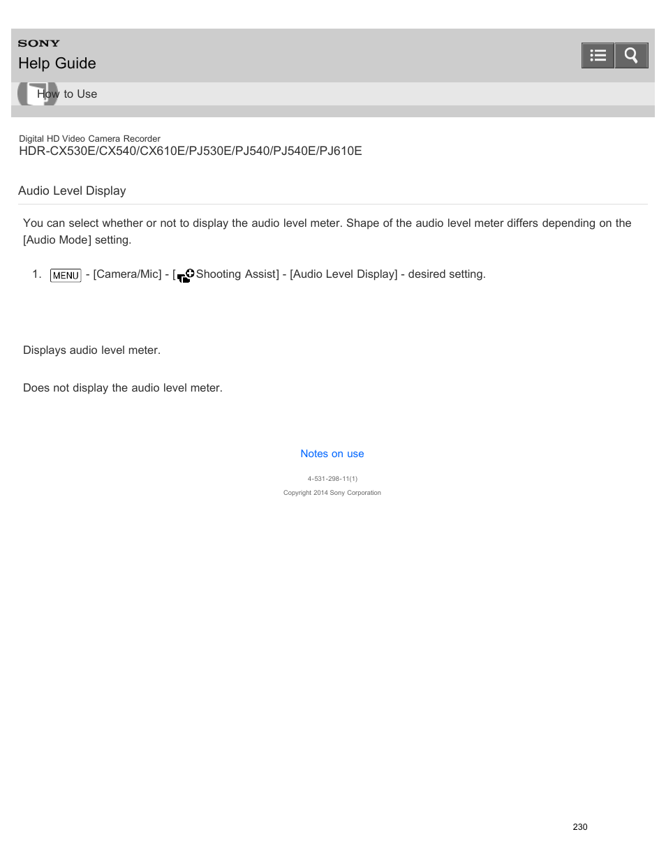 Audio level display, Help guide | Sony HDR-PJ540 User Manual | Page 241 / 394