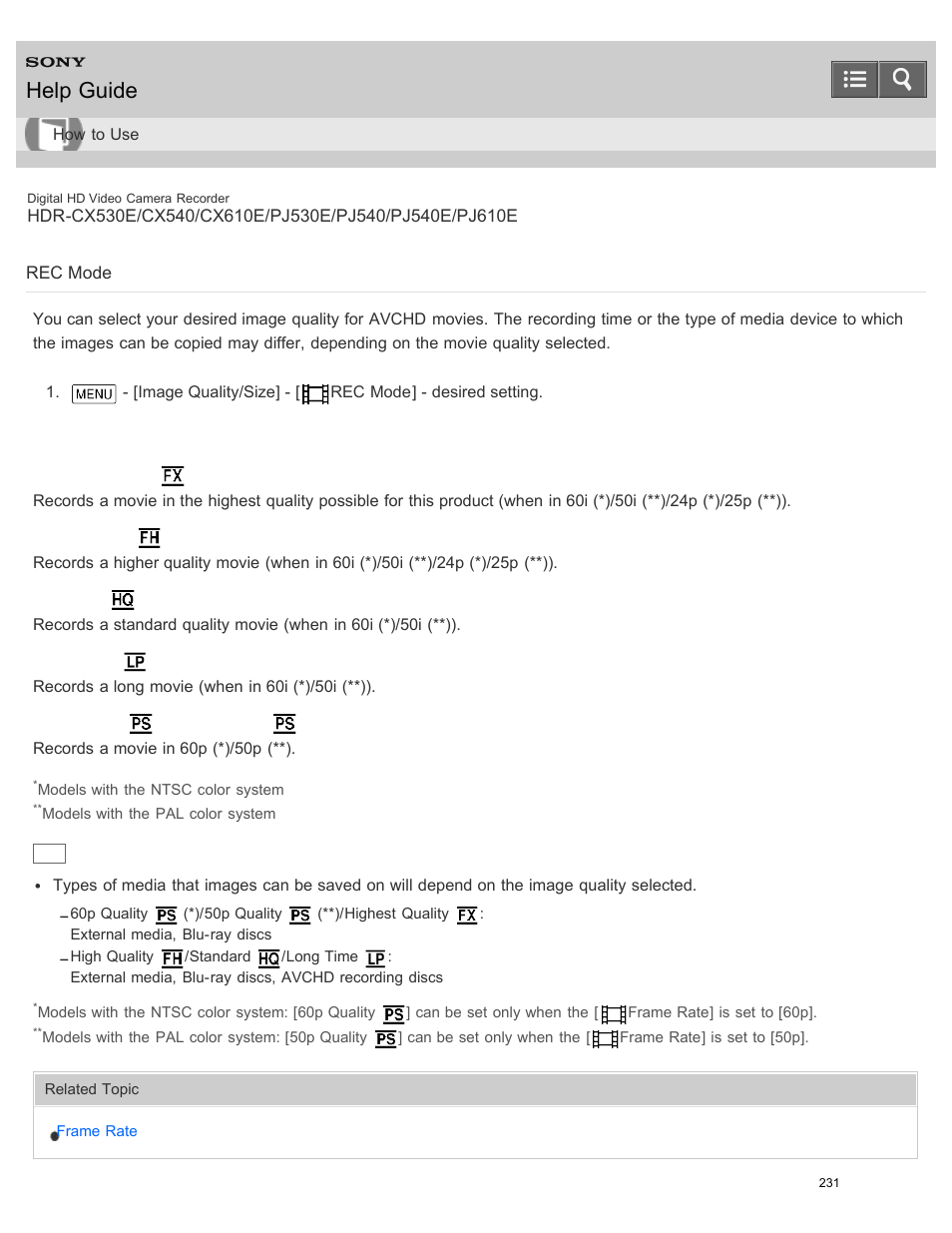 Rec mode, Help guide | Sony HDR-PJ540 User Manual | Page 242 / 394