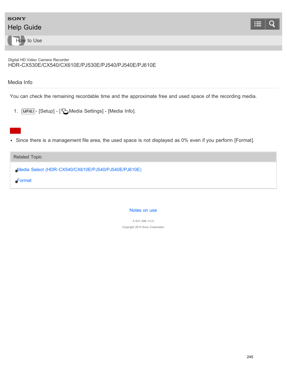 Media info, Help guide | Sony HDR-PJ540 User Manual | Page 256 / 394