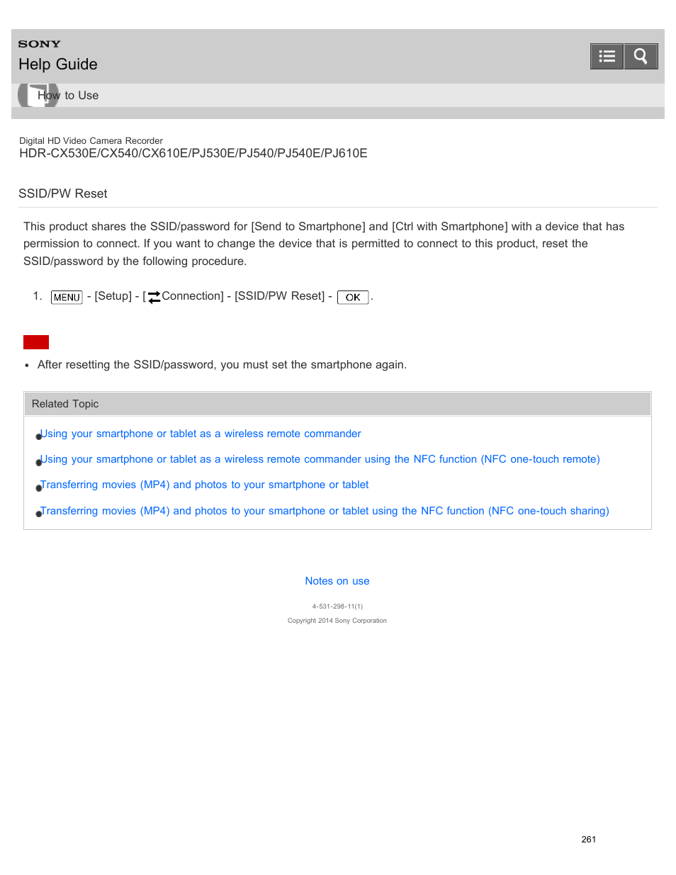 Ssid/pw reset, Help guide | Sony HDR-PJ540 User Manual | Page 272 / 394