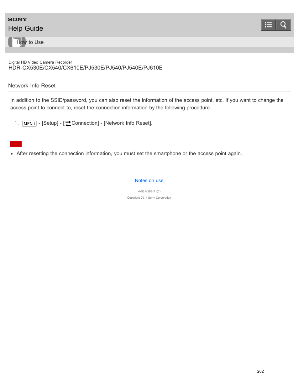 Network info reset, Help guide | Sony HDR-PJ540 User Manual | Page 273 / 394