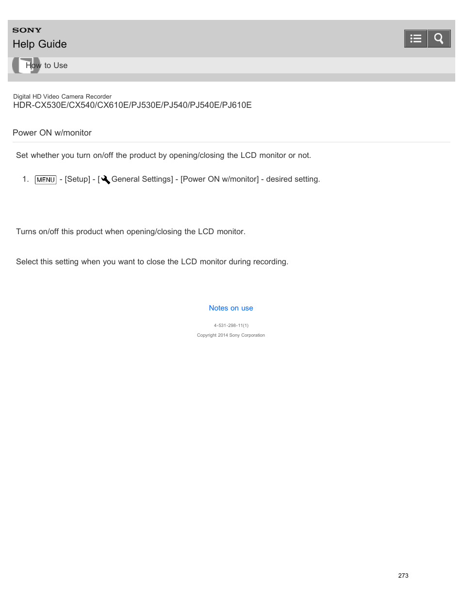 Power on w/monitor, Help guide | Sony HDR-PJ540 User Manual | Page 284 / 394
