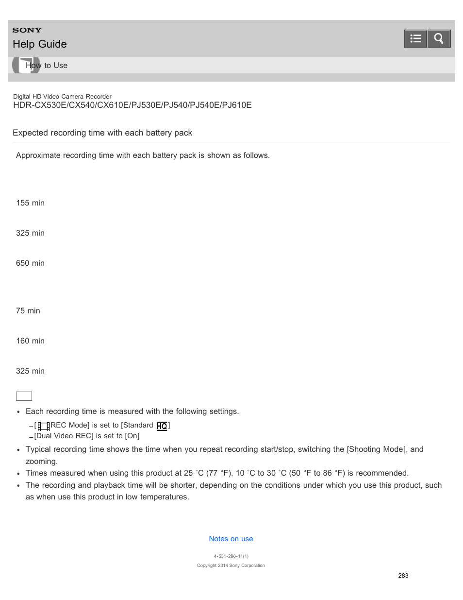 Expected recording time with each battery pack, Help guide | Sony HDR-PJ540 User Manual | Page 294 / 394