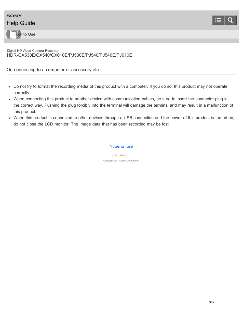 On connecting to a computer or accessory etc, Help guide | Sony HDR-PJ540 User Manual | Page 313 / 394