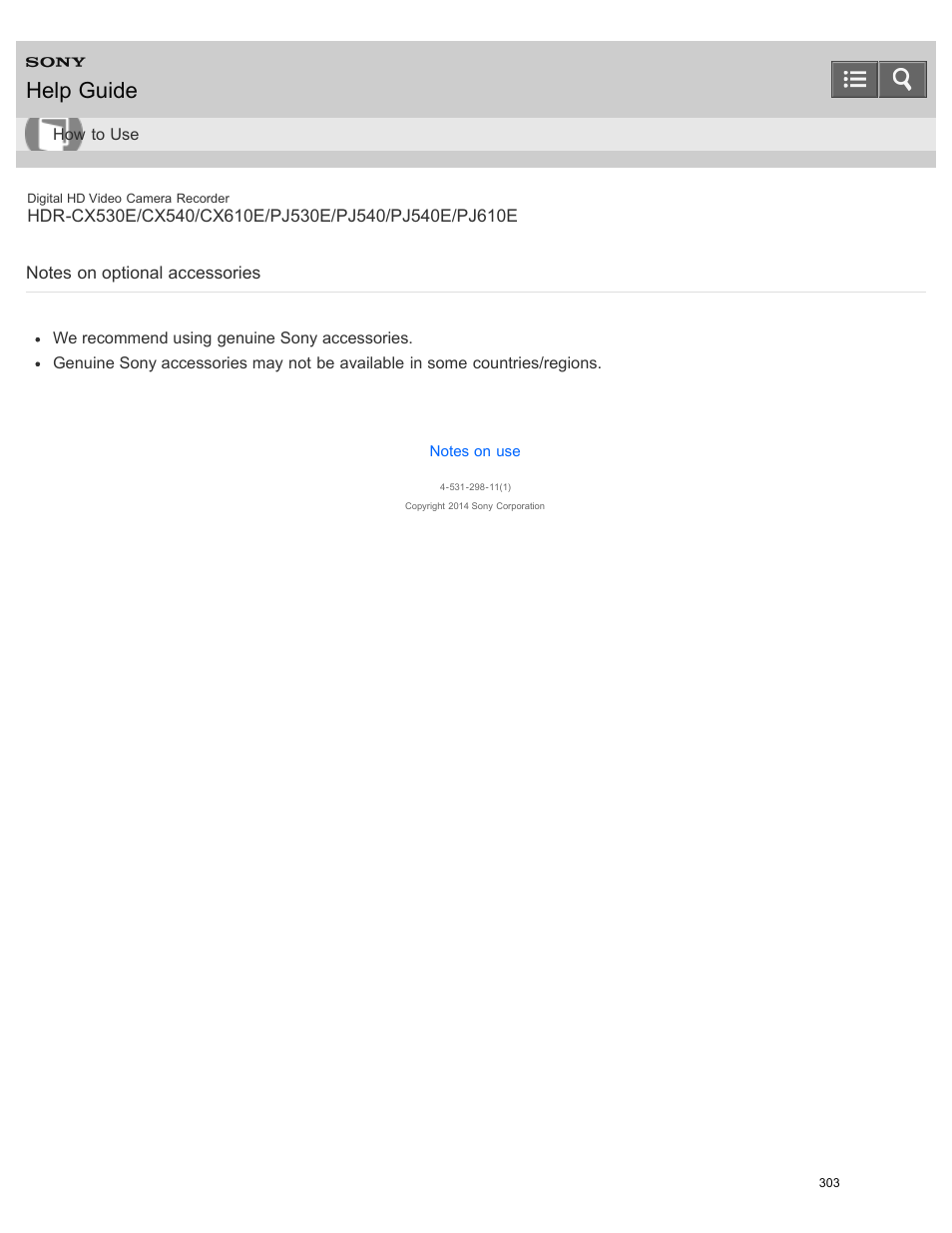 Notes on optional accessories, Help guide | Sony HDR-PJ540 User Manual | Page 314 / 394