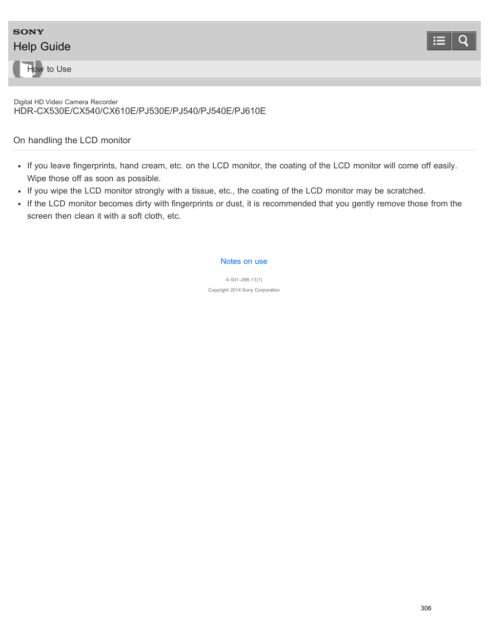 On handling the lcd monitor, Read the information on care of the lcd monitor, Help guide | Sony HDR-PJ540 User Manual | Page 317 / 394