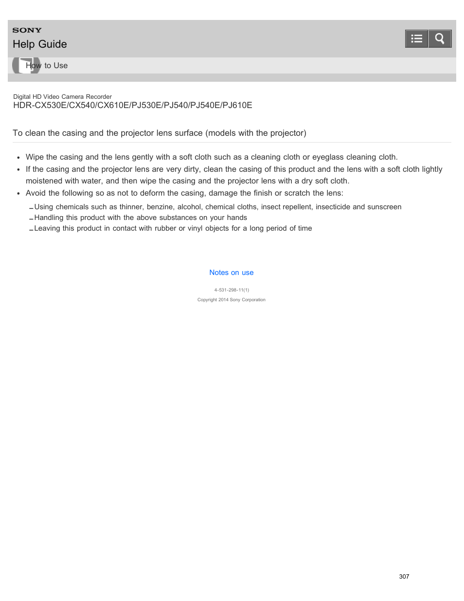 Projector), Help guide | Sony HDR-PJ540 User Manual | Page 318 / 394