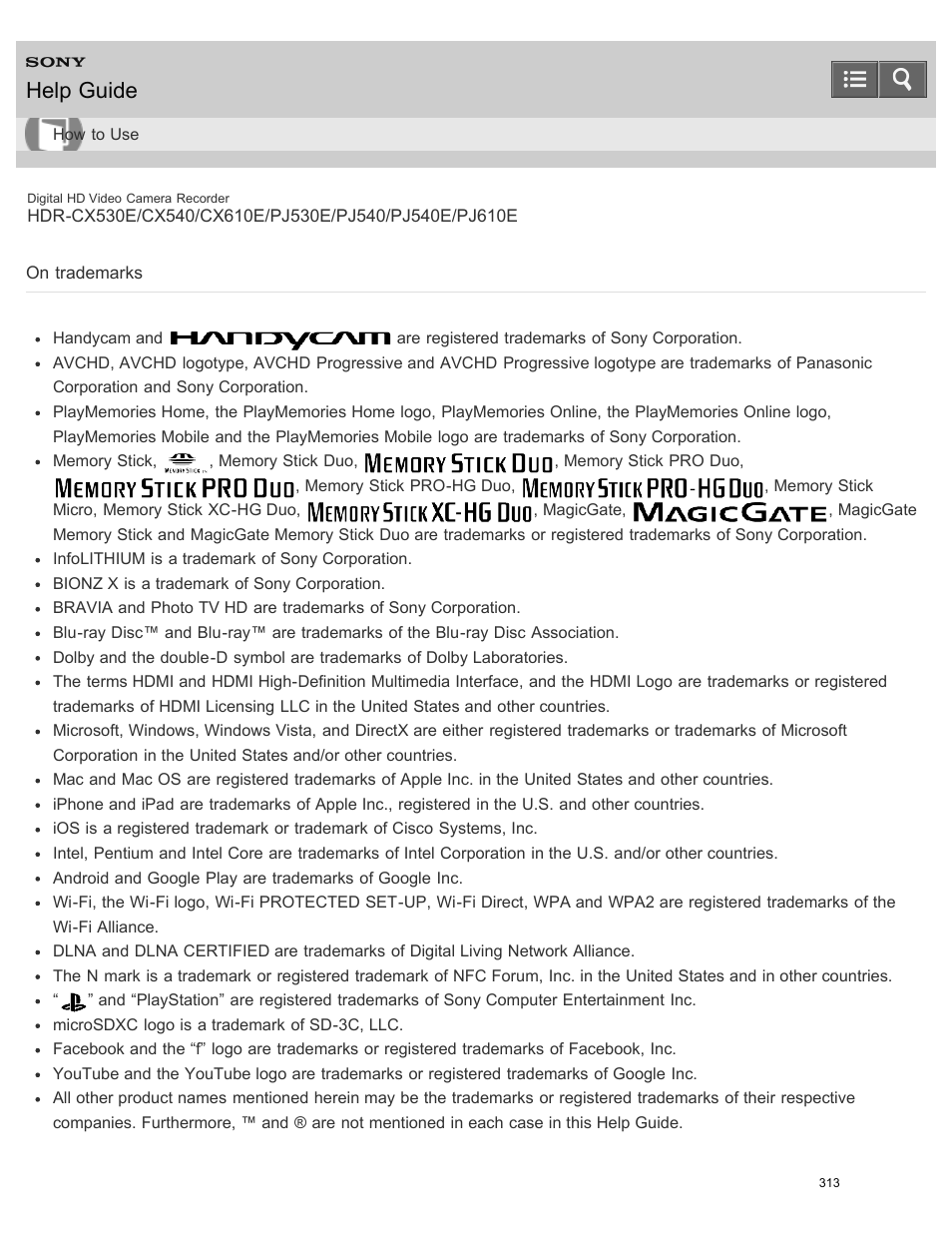 On trademarks, Help guide | Sony HDR-PJ540 User Manual | Page 324 / 394