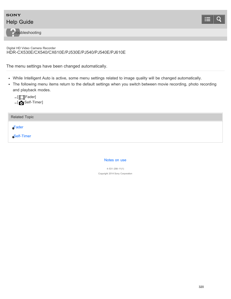 The menu settings have been changed automatically, Help guide | Sony HDR-PJ540 User Manual | Page 331 / 394