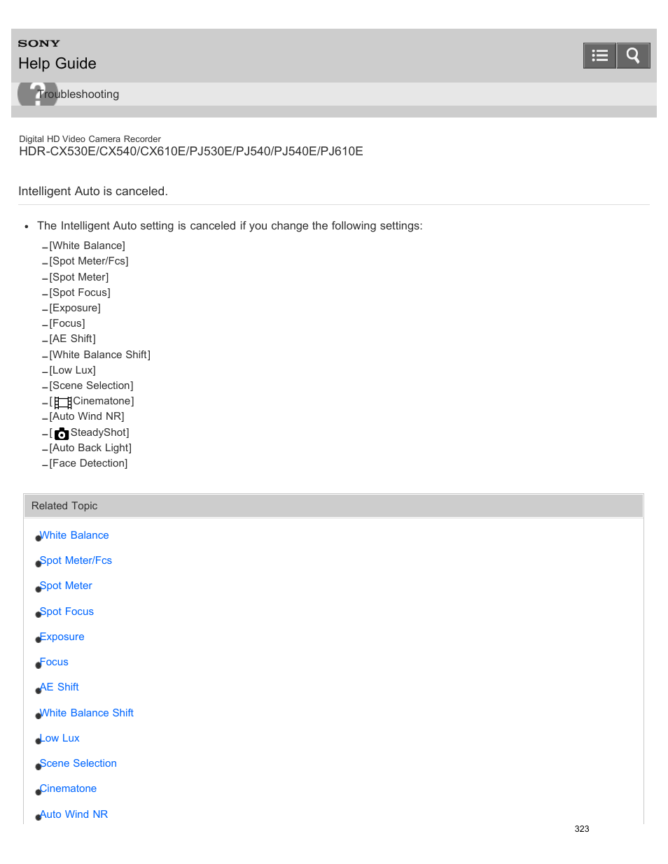 Intelligent auto is canceled, Help guide | Sony HDR-PJ540 User Manual | Page 334 / 394