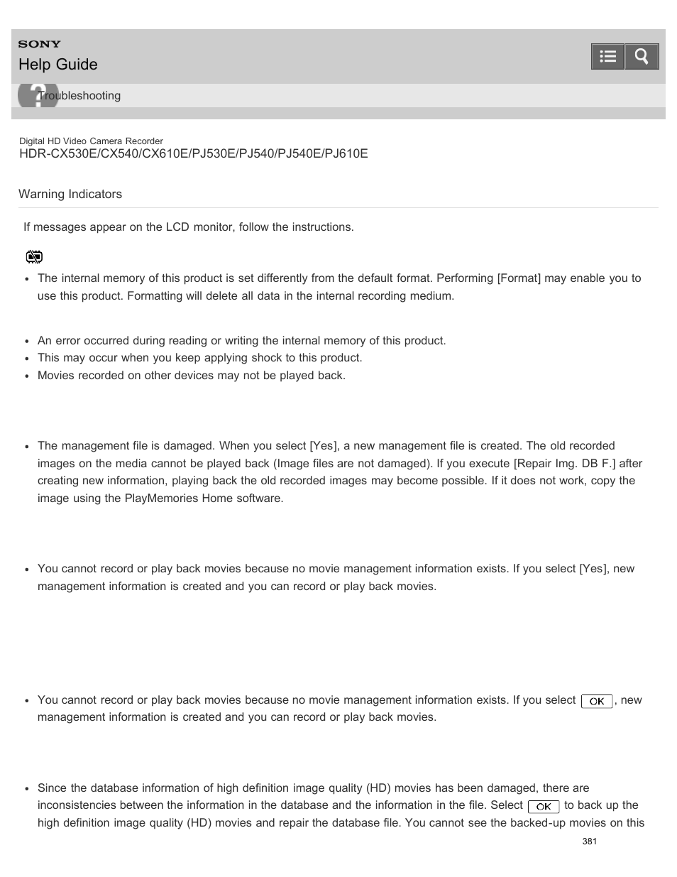 Warning indicators, Help guide | Sony HDR-PJ540 User Manual | Page 392 / 394