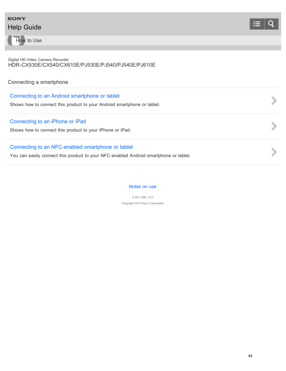 Connecting a smartphone, Help guide | Sony HDR-PJ540 User Manual | Page 60 / 394