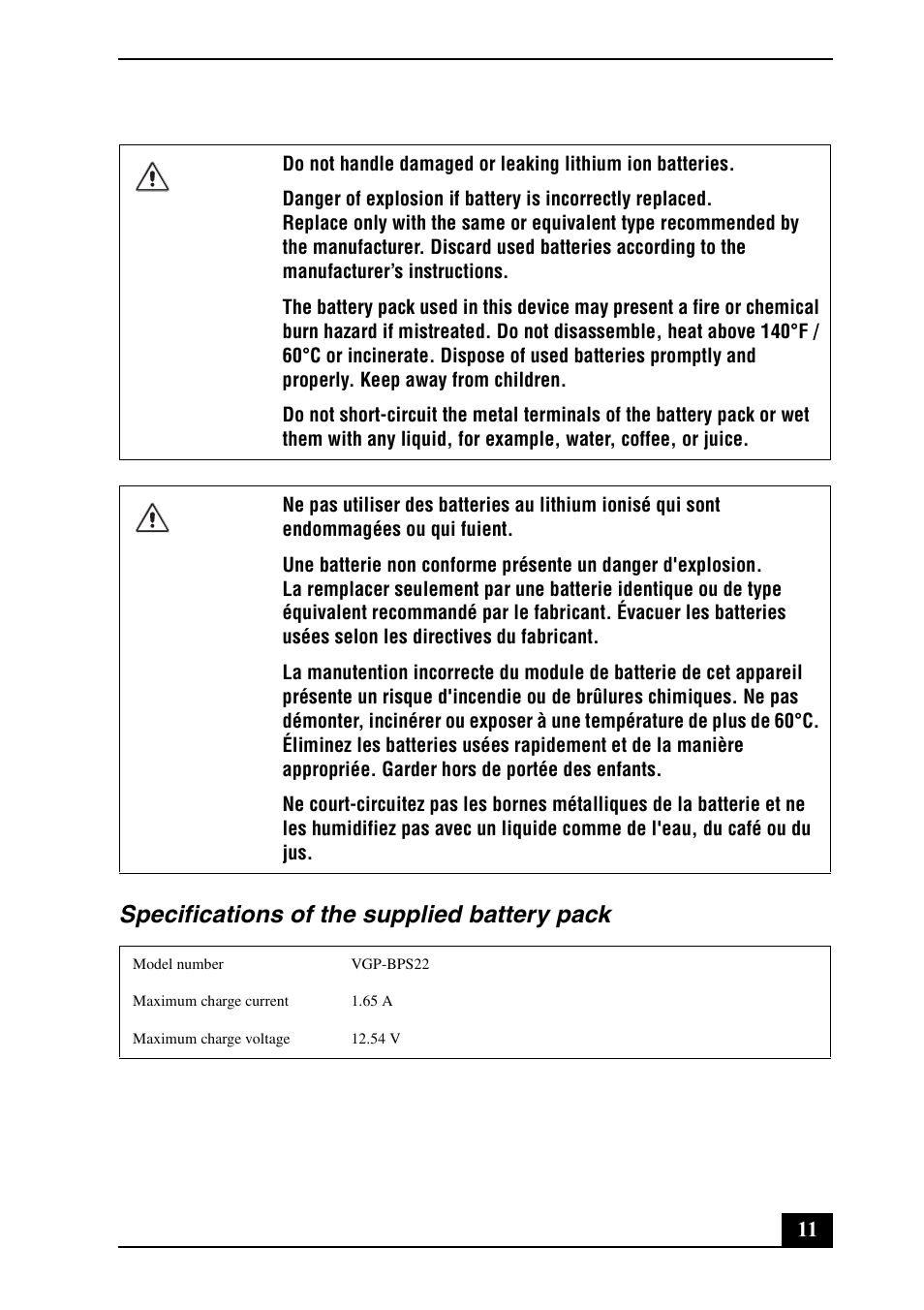 Specifications of the supplied battery pack | Sony VPCEE33FX User Manual | Page 11 / 28