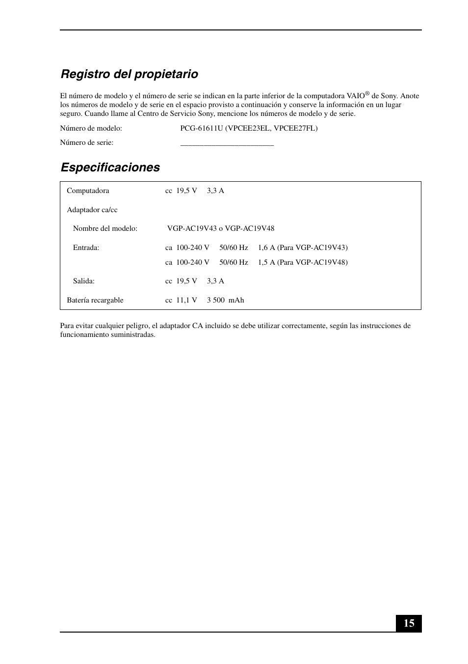 Registro del propietario, Especificaciones | Sony VPCEE33FX User Manual | Page 15 / 28
