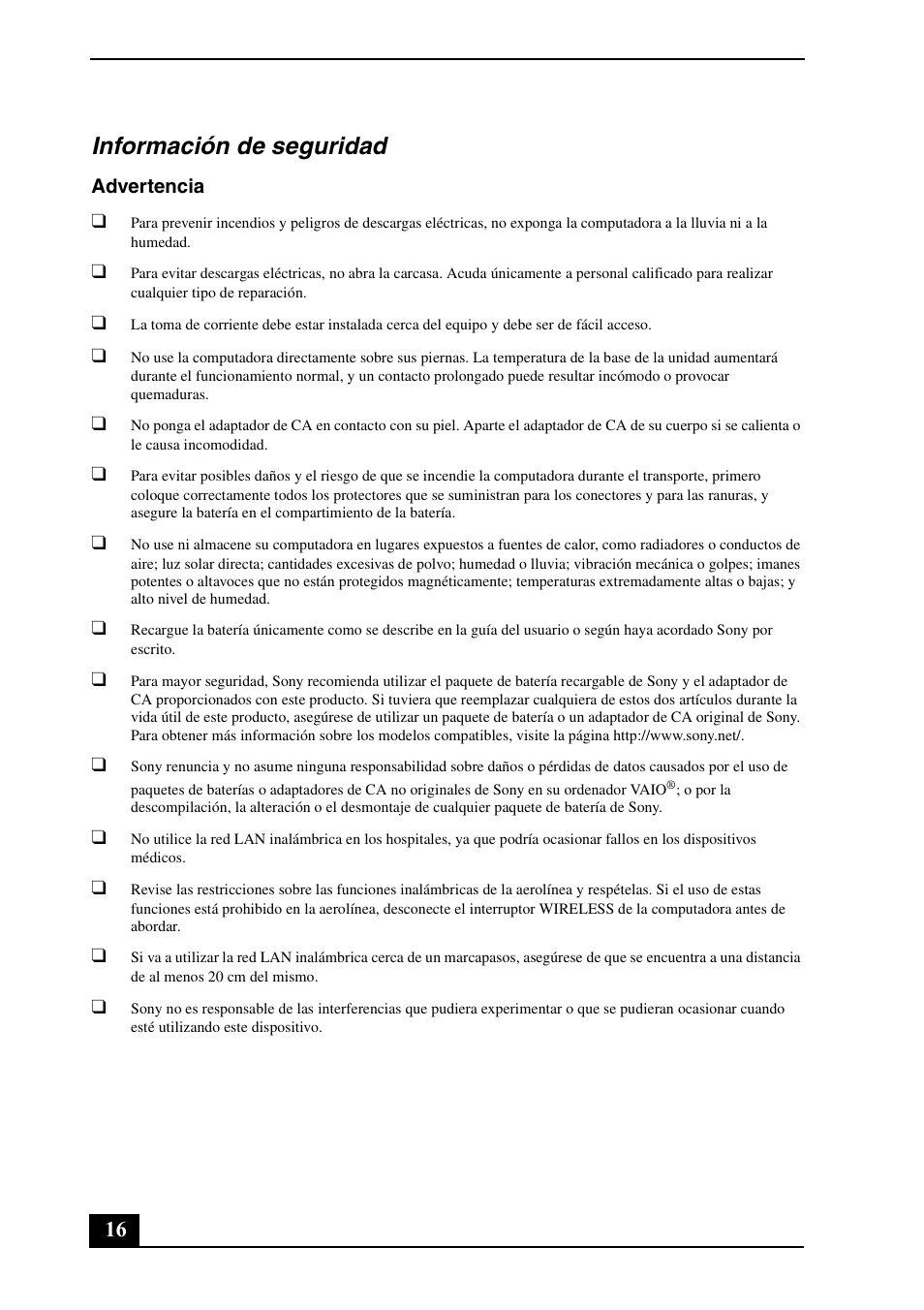 Información de seguridad | Sony VPCEE33FX User Manual | Page 16 / 28