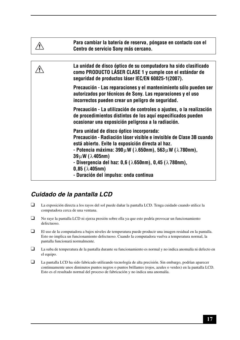 Cuidado de la pantalla lcd | Sony VPCEE33FX User Manual | Page 17 / 28