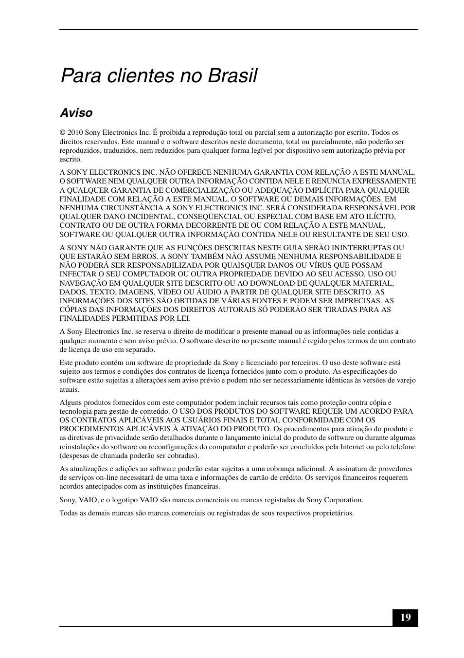 Para clientes no brasil, Aviso | Sony VPCEE33FX User Manual | Page 19 / 28