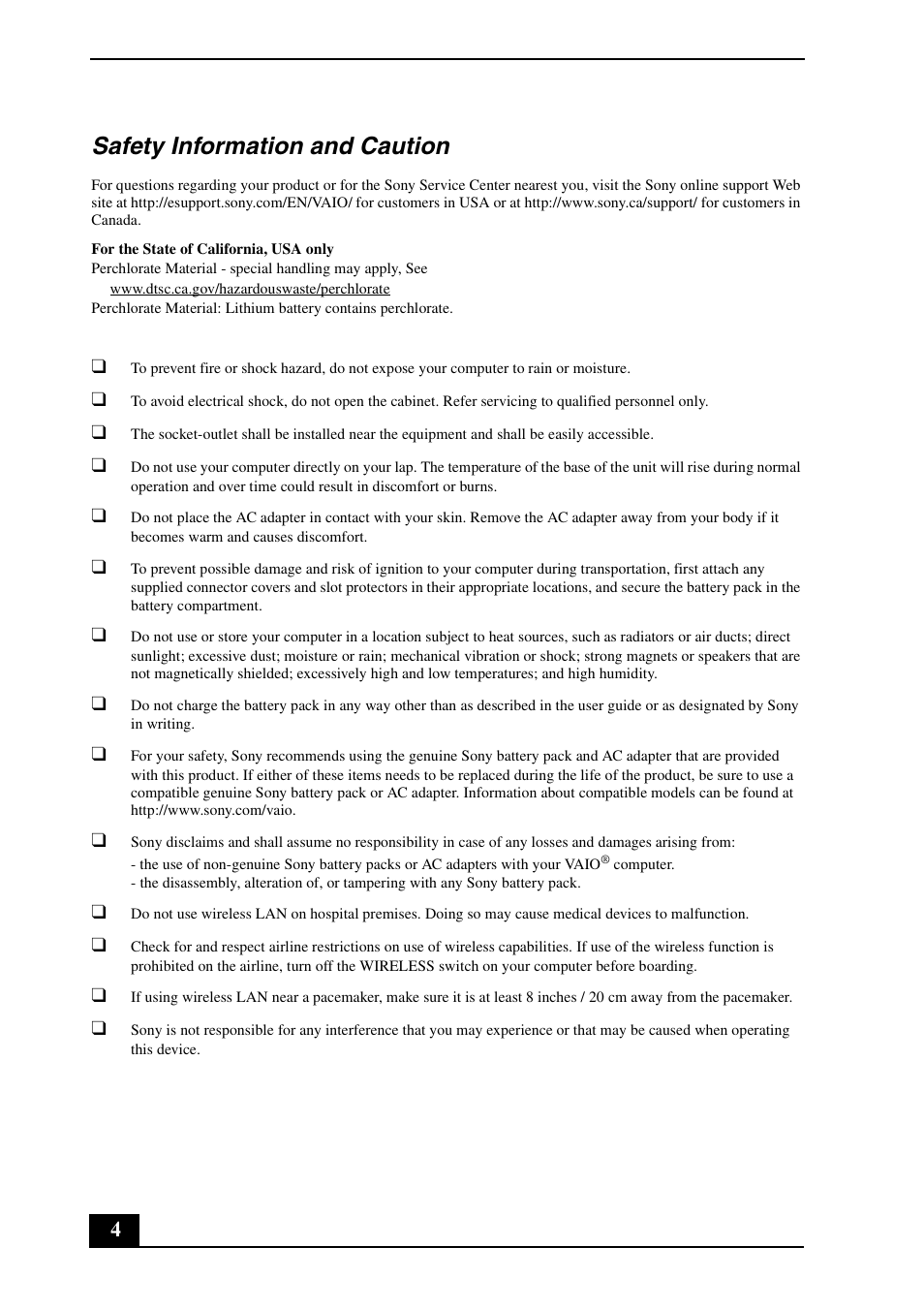 Safety information and caution | Sony VPCEE33FX User Manual | Page 4 / 28