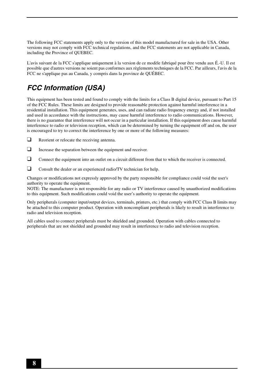 Fcc information (usa) | Sony VPCEE33FX User Manual | Page 8 / 28
