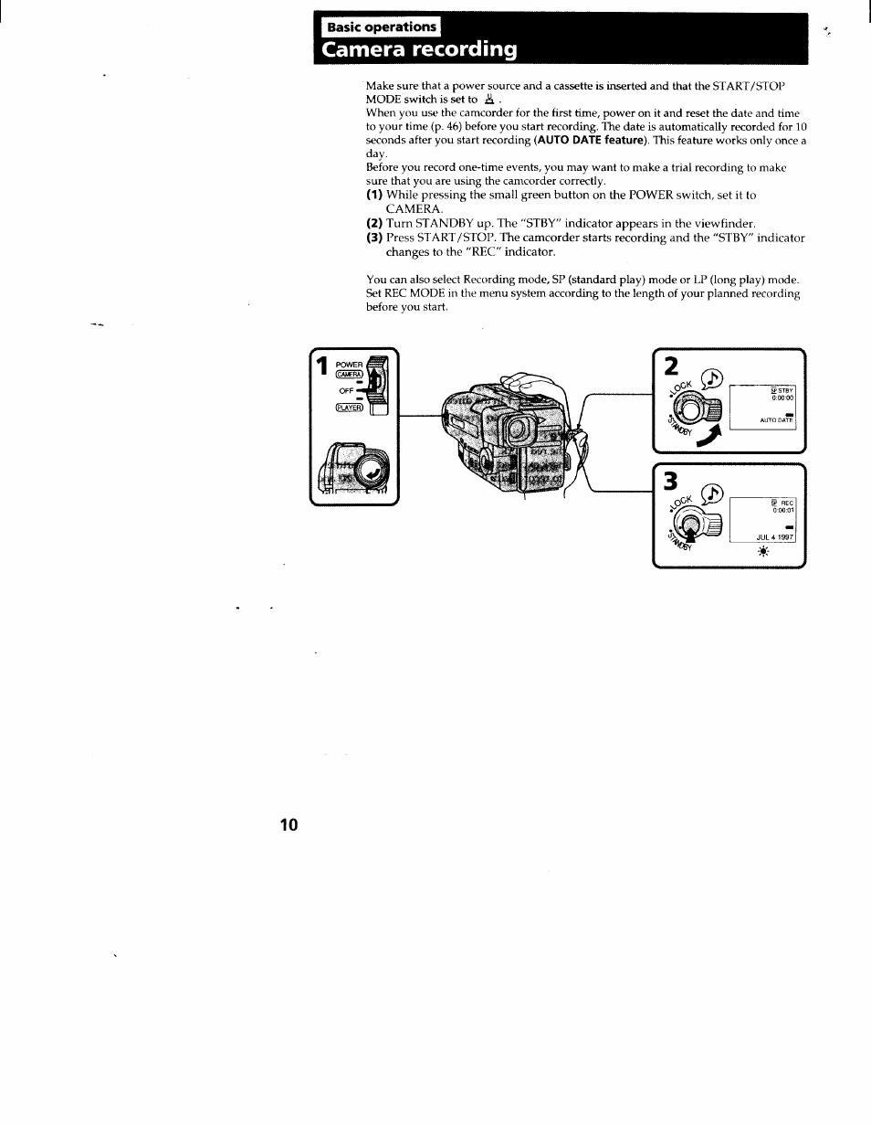 Basic operations, Camera recording | Sony CCD-TR916 User Manual | Page 10 / 71