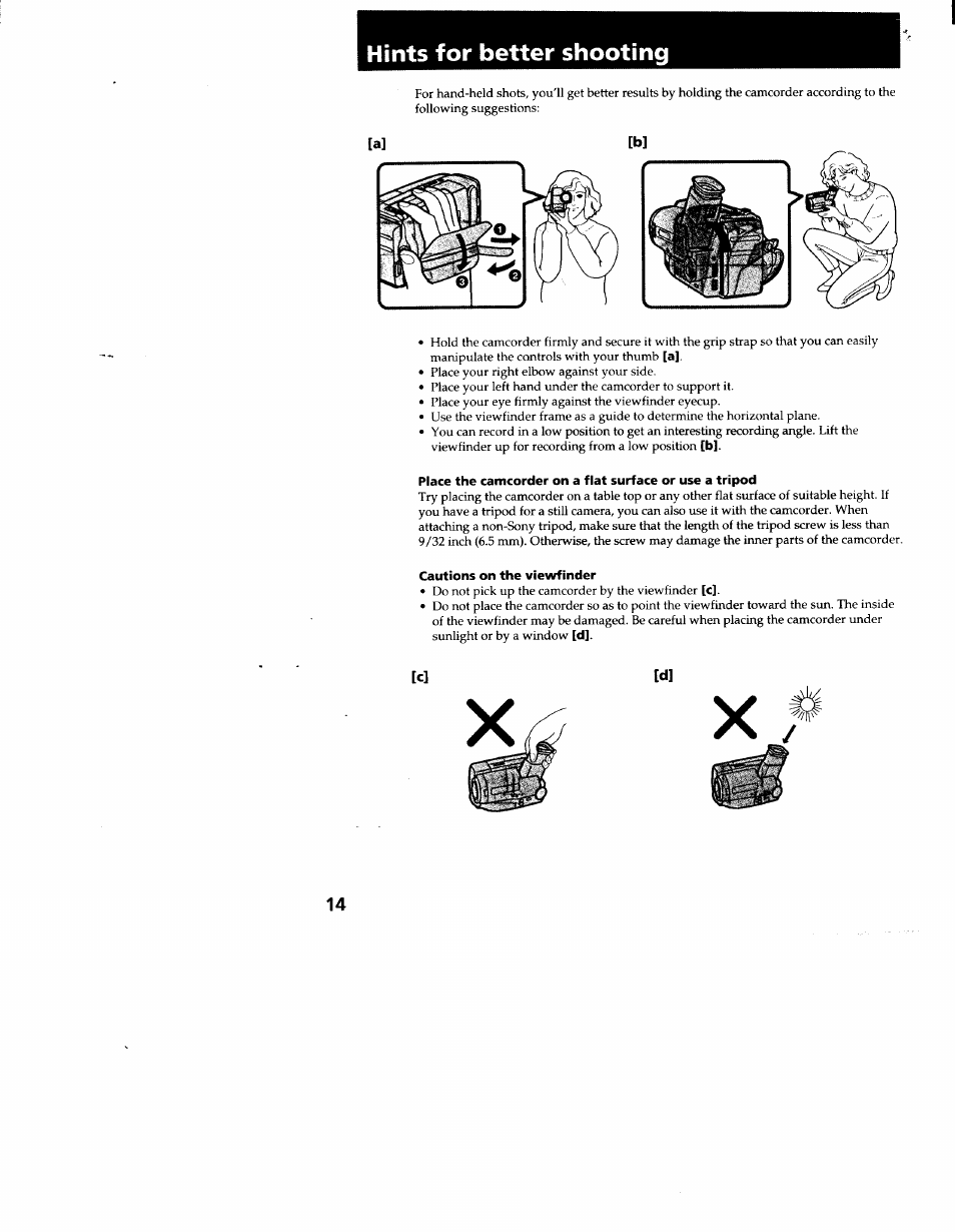 Hints for better shooting, Cautions on the viewfinder, Kints for better shooting | Sony CCD-TR916 User Manual | Page 14 / 71