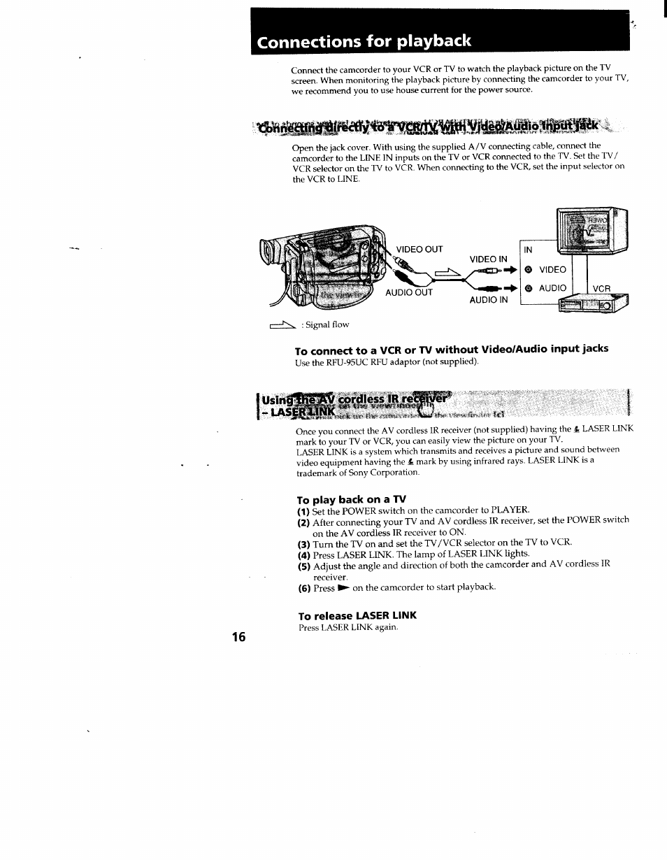 Connections for playback, Usi -lasi, To play back on a tv | To release laser link | Sony CCD-TR916 User Manual | Page 16 / 71