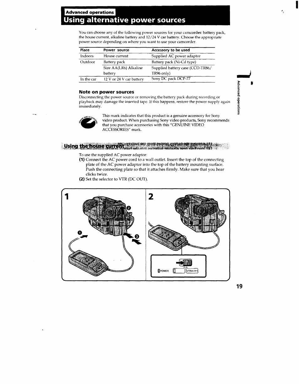 Advanced operations, Using alternative power sources, Note on power sources | Ijsilig thejiouse ^current | Sony CCD-TR916 User Manual | Page 19 / 71