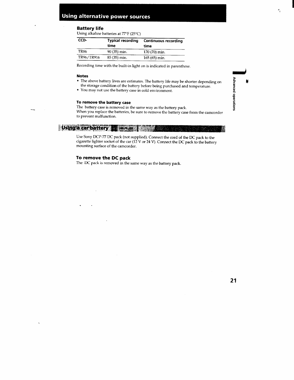 Using alternative power sources, Notes, To remove the battery case | Usifig a car battery, To remove the dc pack | Sony CCD-TR916 User Manual | Page 21 / 71
