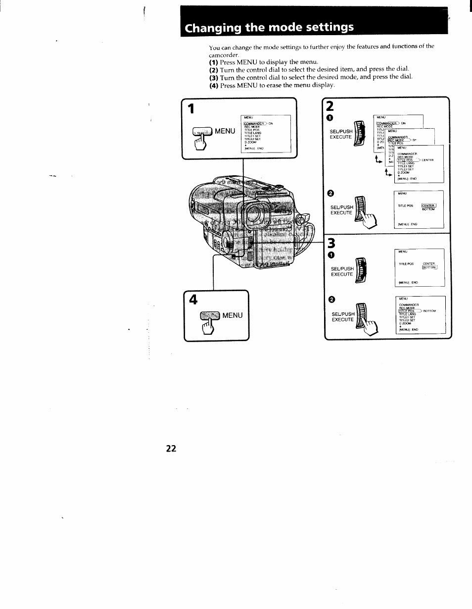 Changing the mode settings | Sony CCD-TR916 User Manual | Page 22 / 71
