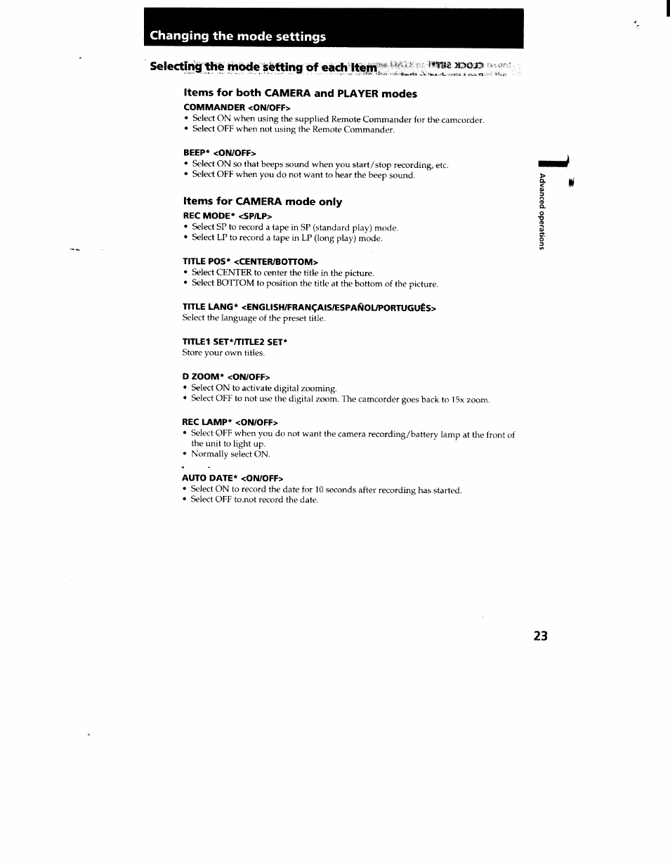 Changing the mode settings, Selecting the mode setting of each item, Items for both camera and player modes | Items for camera mode only | Sony CCD-TR916 User Manual | Page 23 / 71