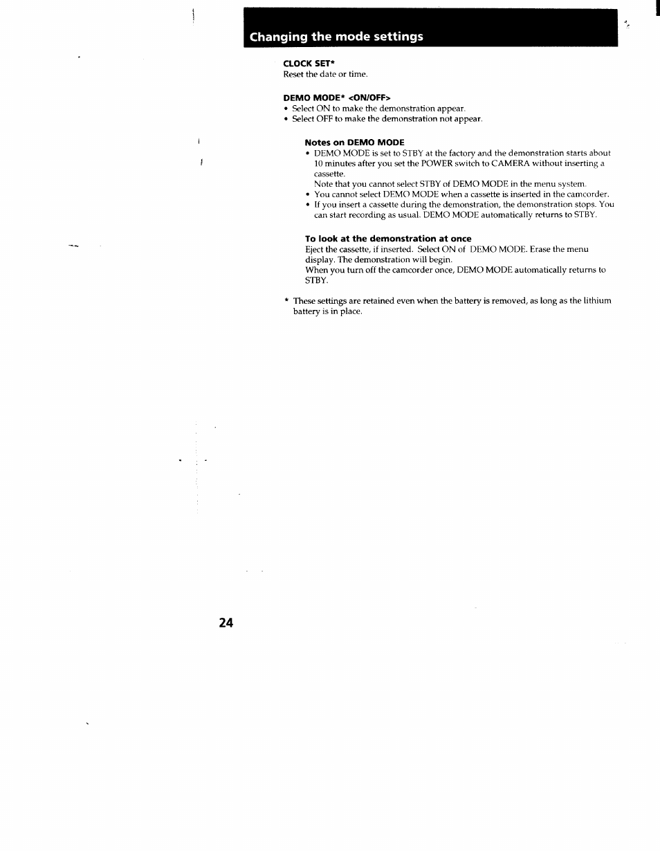 Changing the mode settings, Clock set, Demo mode* <on/off | Notes on demo mode, To look at the demonstration at once | Sony CCD-TR916 User Manual | Page 24 / 71