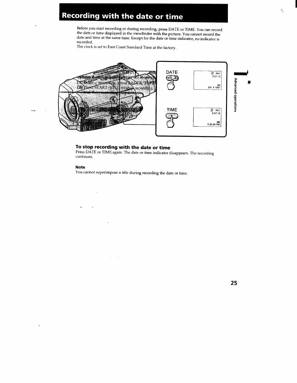 Recording with the date or time, To stop recording with the date or time, Note | Iiecording with the date or time | Sony CCD-TR916 User Manual | Page 25 / 71