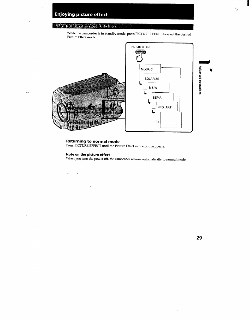 Enjoying picture effect, Returning to normal mode, Note on the picture effect | Sony CCD-TR916 User Manual | Page 29 / 71
