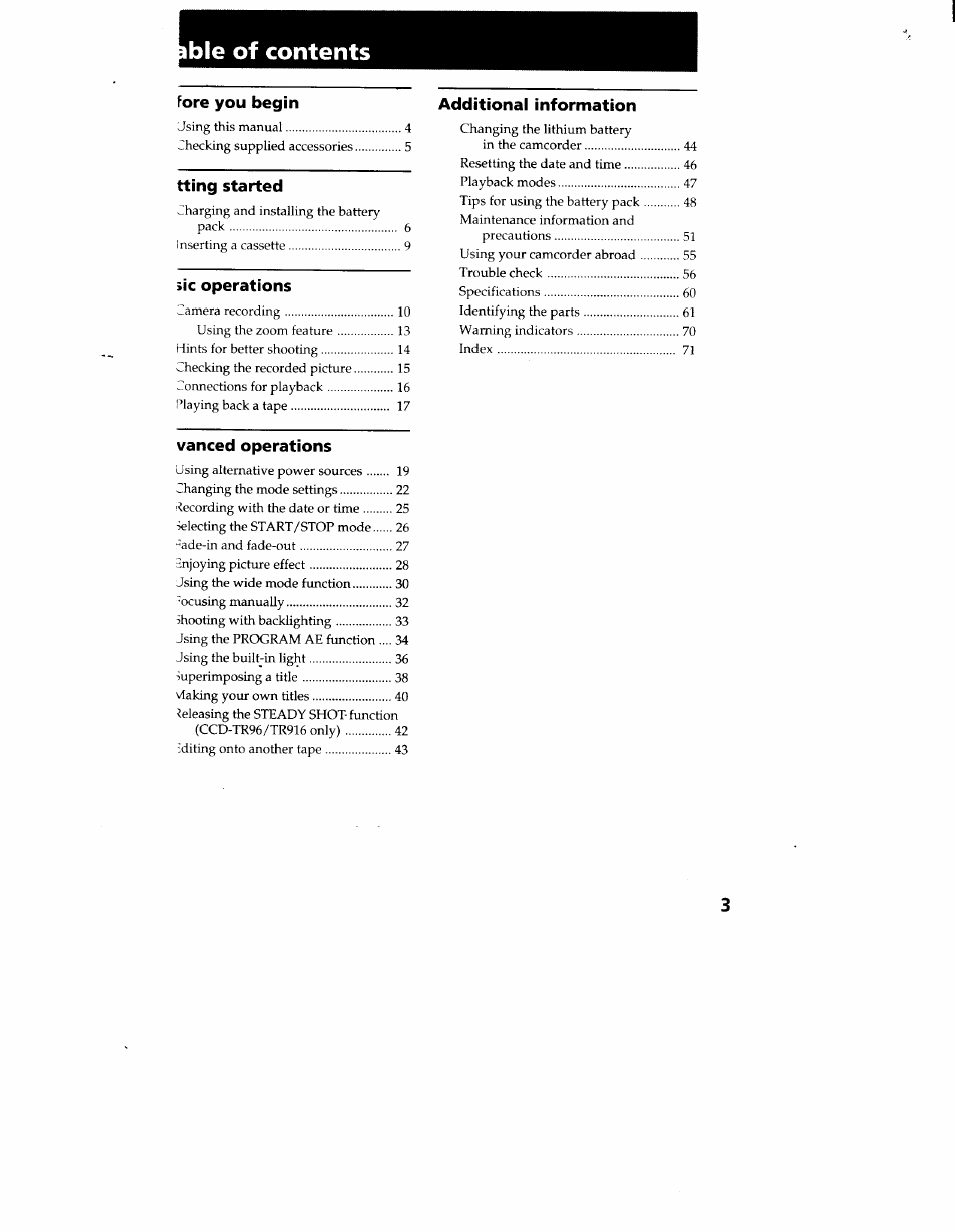 Ble of contents | Sony CCD-TR916 User Manual | Page 3 / 71