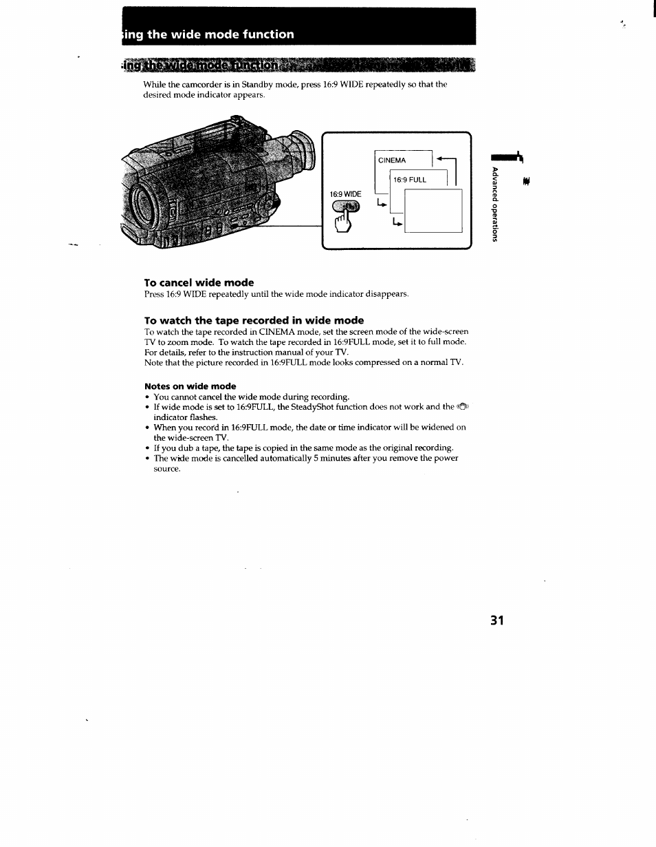Ing the wide mode function, To cancel wide mode, To watch the tape recorded in wide mode | Notes on wide mode | Sony CCD-TR916 User Manual | Page 31 / 71