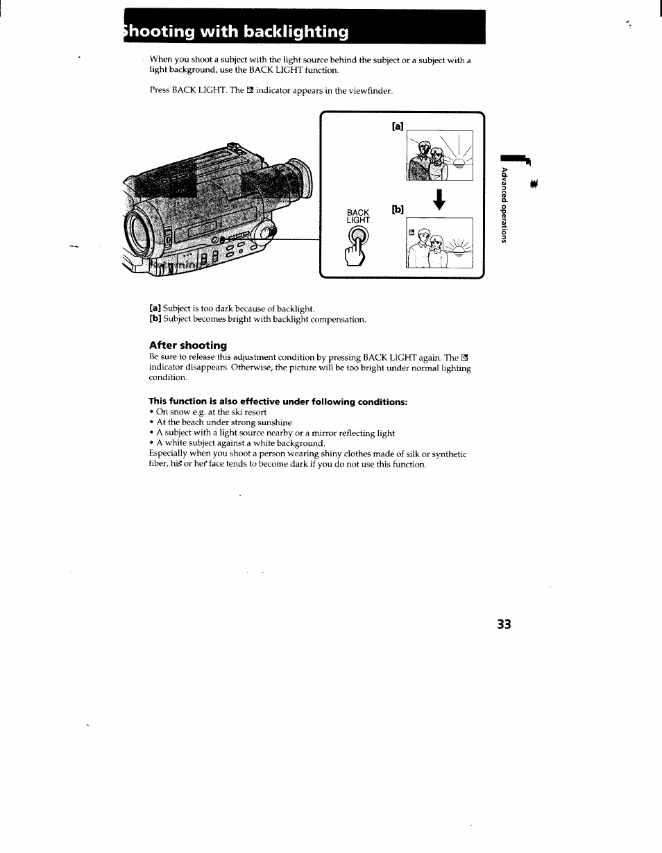 Hooting with backlighting, After shooting, Shooting with backlighting | Sony CCD-TR916 User Manual | Page 33 / 71