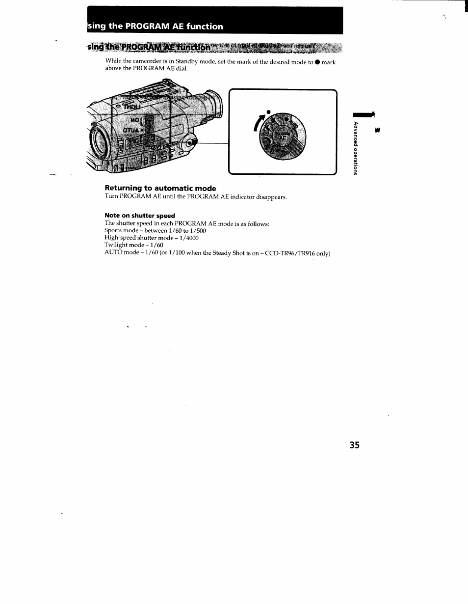 Sing the program ae function, Sing theprograloip.?^^ i j, Returning to automatic mode | Note on shutter speed | Sony CCD-TR916 User Manual | Page 35 / 71