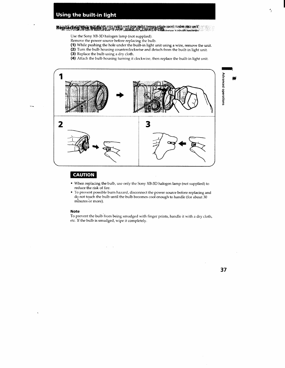 Using the built-in light, Caution, Note | Sony CCD-TR916 User Manual | Page 37 / 71