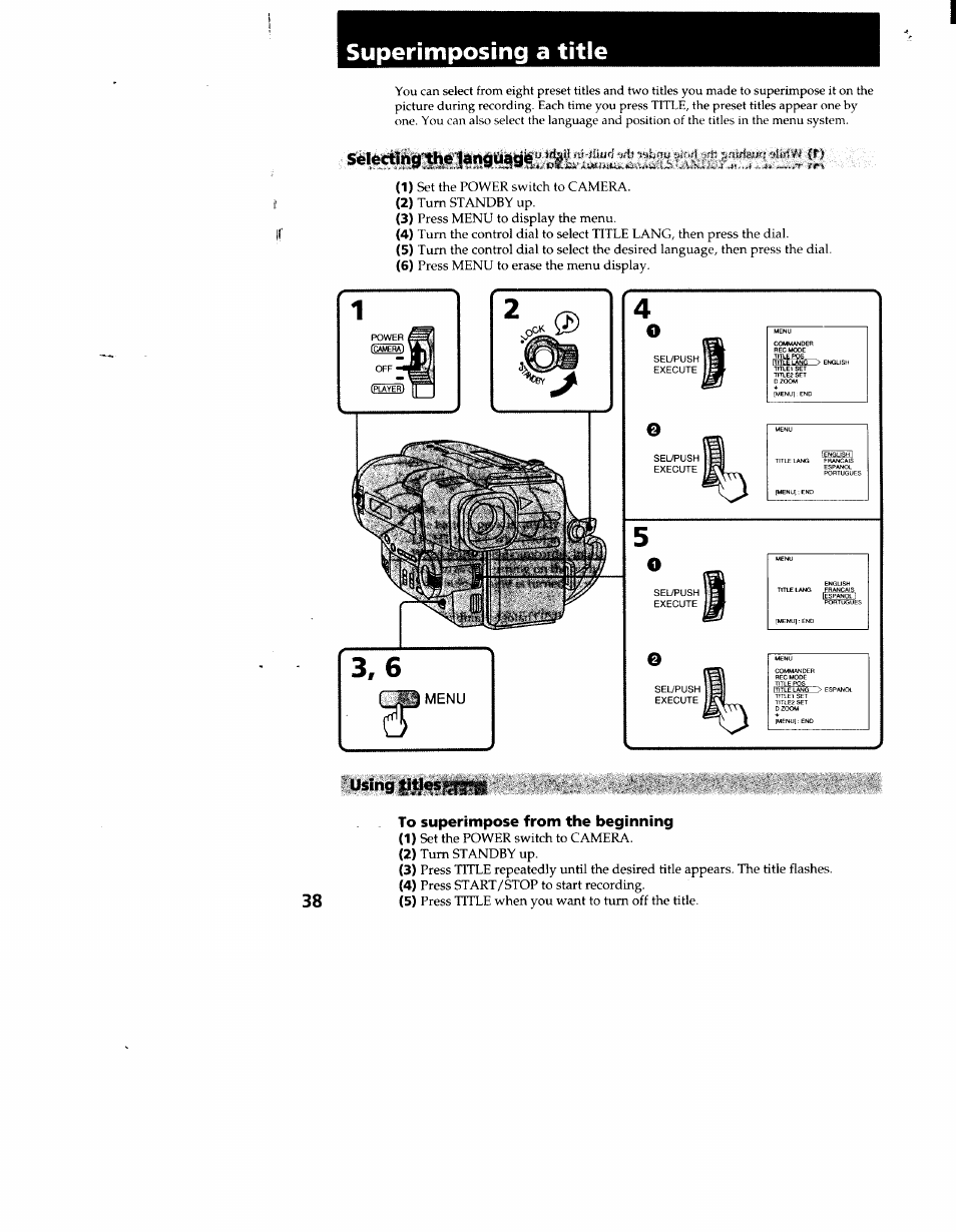 Superimposing a title, Using pities,дай, To superimpose from the beginning | Using pities,дай 38 | Sony CCD-TR916 User Manual | Page 38 / 71